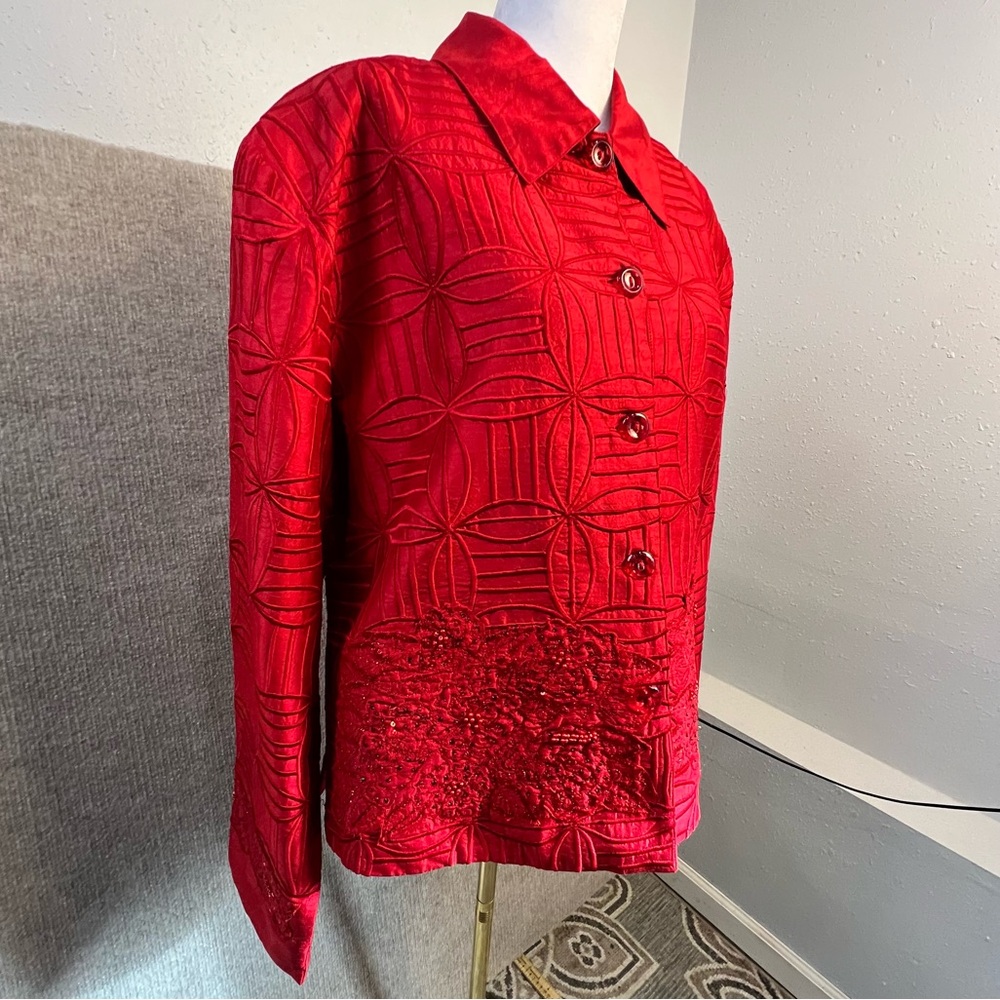 Anage Silk Red Embroidered Dress Jacket Women’s Size XL